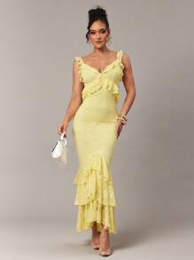 Silquee Premium Early Autumn Summer Cream Yellow Ladies Floral Stretch Lace Ruffle Straps Slim Asymmetrical Multi-Layered Ruffle Hem Dress, Elegant Dress, Tea Party Dress - Yellow - View 4