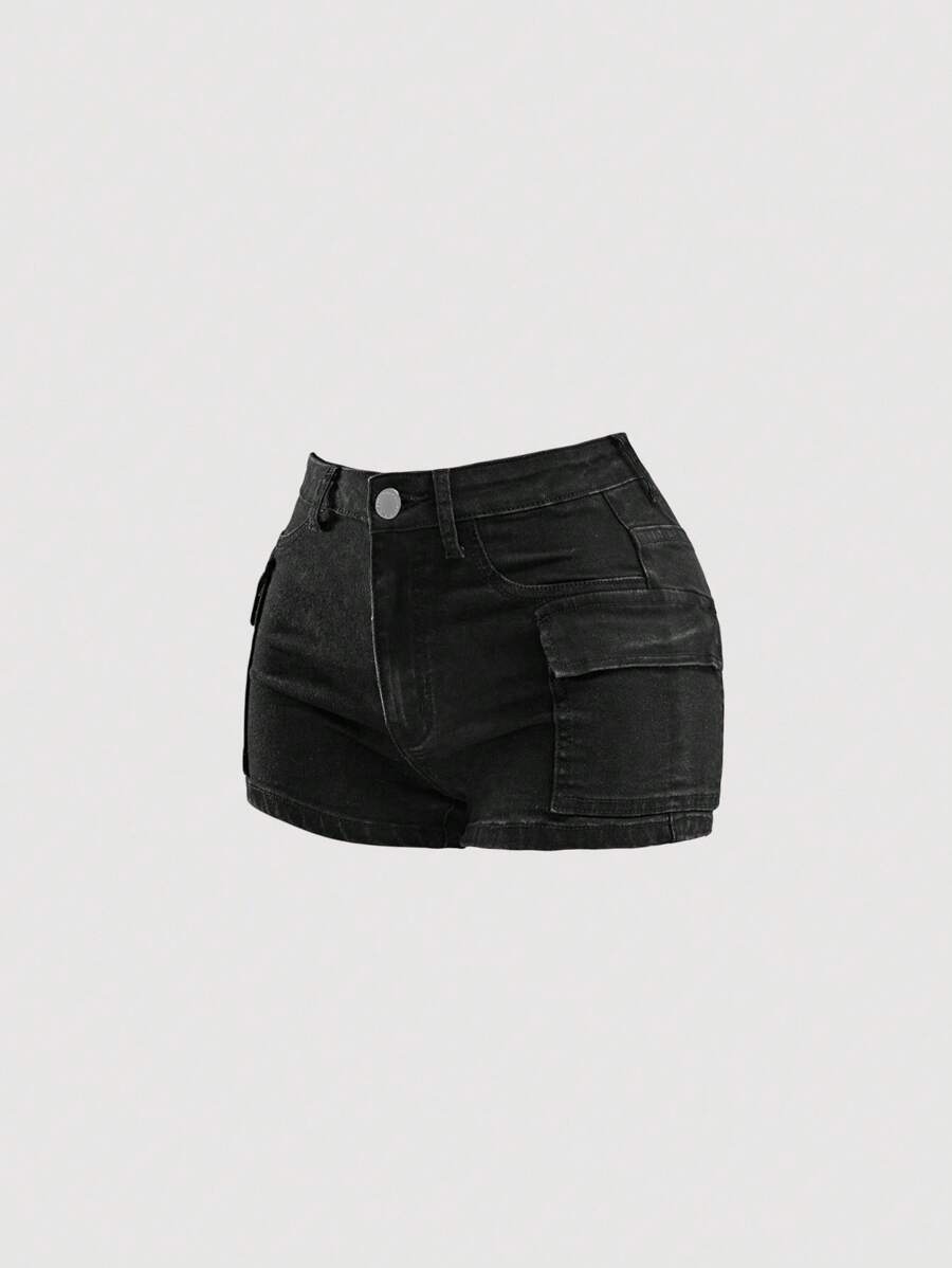 SHEIN Teen Girl Summer Y2K Low Waist Stonewashed Denim Shorts With Flap Pocket,Summer Brunch Graduation,Beach Vacation Teen Girl Casual,Country Concert/Rave, Black Denim Shorts - Black - View 1