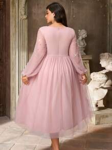 Aureia 大码秋季优雅浪漫莲花粉色奢华电脑串珠设计深V领灯笼袖蓬蓬裙，适合晚宴、单身派对、约会、生日、度假、毕业季、返校季、婚礼、舞会、返校节、生日、复古、情人节等场合。 - 藕粉色 - 查看 7