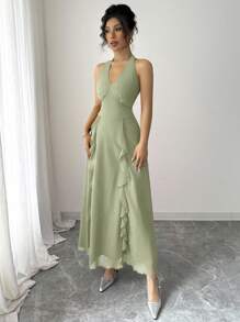 Modelyn French Elegant Solid Color V-Neck Halter Backless Waist Shaping Dress - Green - View 4