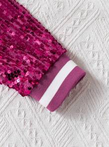 1pc Girls Striped Ribbed Collar & Hem Knitted Lining Pink Long Sleeve Zip-Up Jacket With Sequins, Fashion Versatile, Can Be Worn Alone With Skirt, Or Layered Over T-Shirt, Dress, Suitable For Spring/Autumn Casual Outings Or Holiday Parties Girls Sequin Jacket Girls Bomber Jacket Kids Sequin Jacket Sequin Bomber Jacket Sparkling Clothes For Kids Fall Winter