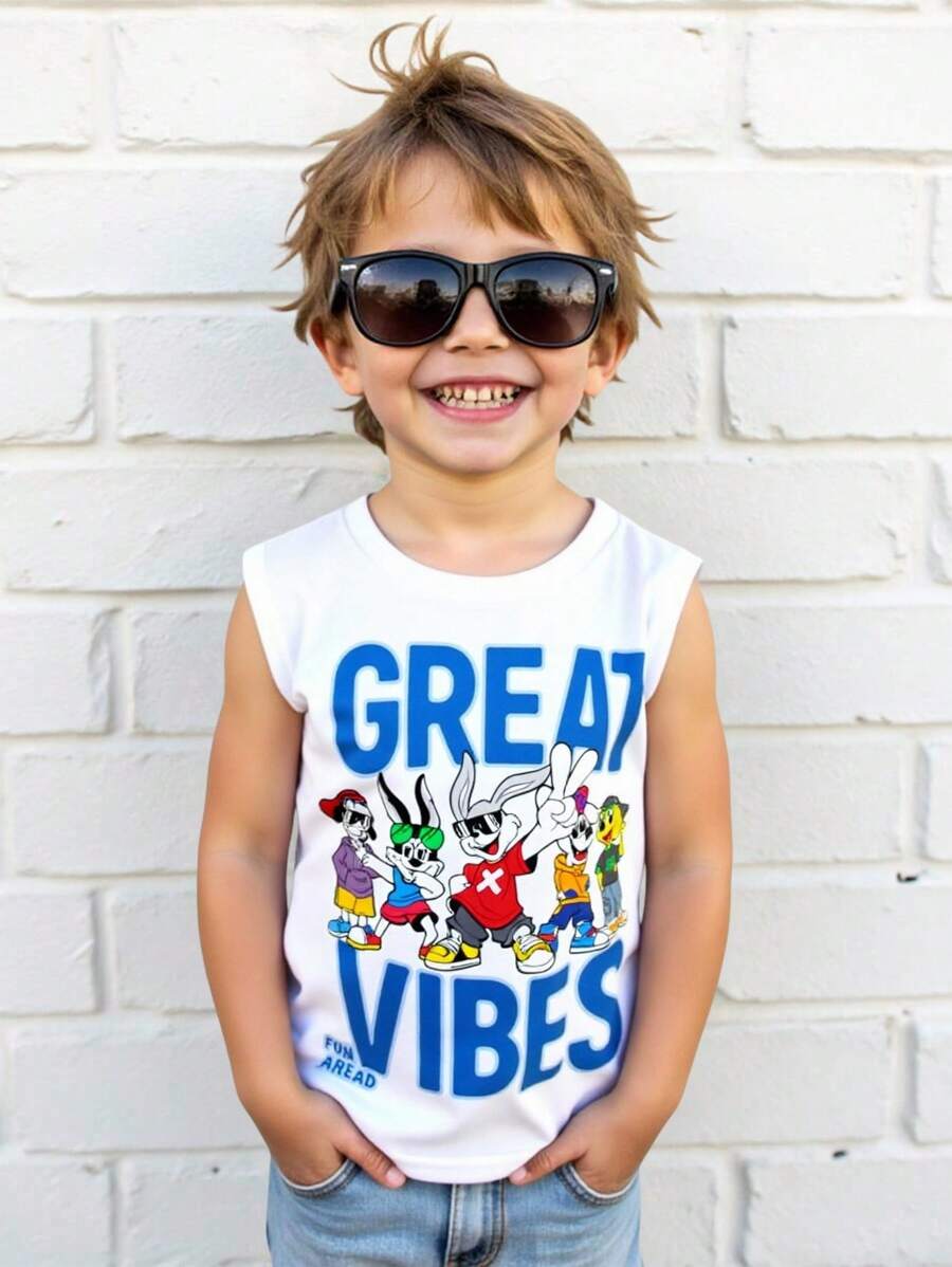 SHEIN 男童夏季休闲无袖上衣，简约字母印花 - 白色 - 查看 1