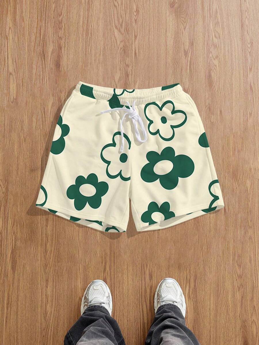 Manfinity Joysei 男士花卉印花宽松针织短裤，适合夏季 - 綠色 - 查看 1
