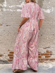 Breezaya Mono corto con cuello en V, volantes y manga corta con estampado floral, para mujer de tallas grandes, estilo elegante y bohemio - Rosa - Ver 2