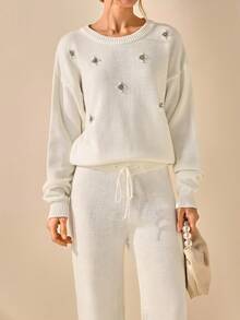 CLARA VERO Women Solid Color Rhinestone Detailed Round Neck Drop Shoulder Pullover & Mermaid Sweater Skirt Set,Winter Clothes - Cream - View 5