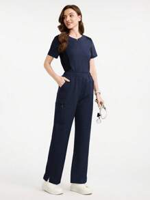 TaskEZ Set Seragam Perawat Wanita Warna Biru Tua, Seragam Perawat Lengan Pendek dengan Saku dan Motif Patchwork Warna Kontras, Pakaian Kerja Renaissance Ukuran Plus, Set Pakaian Kerja Perawat - Navy Blue - View 3