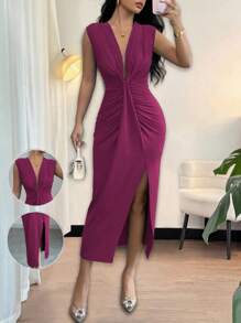 Islaluna Elegant Sleeveless Deep V-Neck With Draped Hem Slit Dress, For Women In Spring/Summer