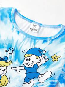 2pcs Tween GirlsCute Tie-Dye Pixie Print Casual Minimalist Short Sleeve Shorts Snug Fit Pajamas Set, Homewear - Blue - View 7