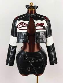 Amplova Damen Farbblock Frontzipp Langarm Buchstaben Muster einfache PU Jacke