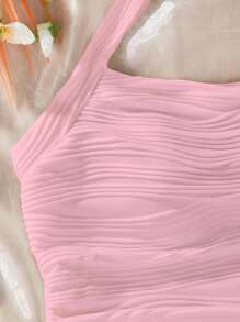 Teen Girl Stylish Cute Comfy Wavy Pattern Camisole With Bow, Suitable For Casual Outings And Gatherings, Spring/Summer - Pink - View 3