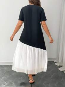 Elenzga 加大码圆领拼色荷叶边下摆短袖夏季长裙女装 - 黑與白 - 查看 2