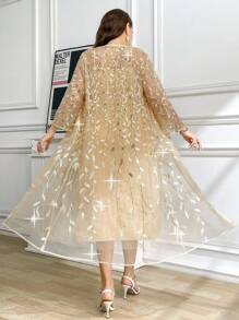 Ellevyn 加大码两件套：优雅网眼亮片叶刺绣开衫和连衣裙，夏季 - 香檳色 - 查看 3