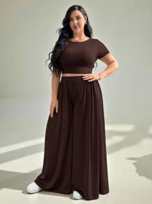 Auralis 大码夏季女士休闲套装、阔腿裤套装、夏季套装 - 咖啡棕 - 查看 4