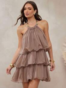 L'Amorae 女式三层透视迷你连衣裙，配手镯领口饰边 - 咖啡 - 查看 4