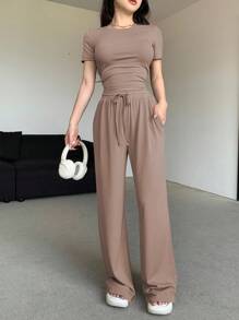 DAZY 2 件套女士夏季休闲纯色修身街头风格短袖上衣和直筒裤套装 - 駝色 - 查看 3