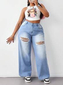 SHEIN Tall CURVE Plus Size Summer Fall Clothes Autumn Clothes Back To School Homecoming Cute 2000s Style Kawaii Y2k Airport For Women Modest Old Money Tulum Women's Casual Loose Distressed Wide,Leg Blue Jeans Ripped Jeans Wide Leg Pants Woman Baggy Jeans