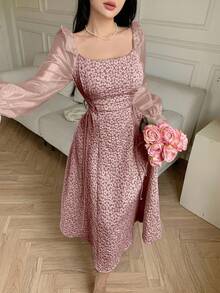 Feyla Women's Solid Color Square Neck Ruffle Hem Long Sleeve Dress Long Evening Dresses Rose Dress Pink Dress Summer Dress - Pink - View 5