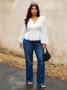 Elaquor Plus Size Women's Simple Romantic Solid Color V-Neck Ruffle Patchwork Blouse, Versatile Casual Shirt For All Seasons,Business Casual Woman - White - View 4