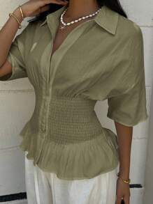 SHEIN EZwear 橄榄绿色梭织褶腰休闲短袖女衬衫 - 軍綠色 - 查看 5