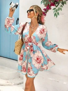 Vivid Eden Women's Vacation Floral Print Deep V-Neck Lantern Sleeve Fashionable Mini Dress, Floral Summer Dress Women, Women Vacation Dress, Italy Summer Dress, Long Sleeve Summer Dress, Wrap Dresses For Women Summer,Old Money Outfits Women