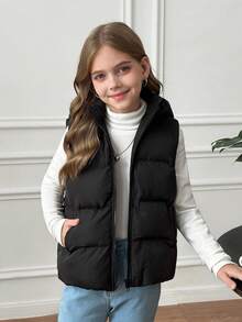 SHEIN 青少年女孩休闲舒适时尚合身短款连帽口袋绗缝黑色背心夹克 - 黑色 - 查看 3