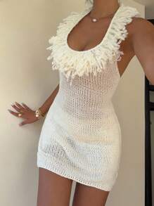 SHEIN EZwear Vestido suéter mini de tejido ajustado con espalda abierta y cuello halter, para el verano - Blanco - Ver 4