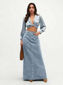 SHEIN Tall Women's Summer Casual Washed Diagonal Pocket Fishtail Hem Denim Skirt - Baby Blue - View 5