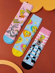 LOONEY TUNES X SHEIN 3 双柔软透气吸湿排汗休闲女士中筒袜，带有 Tweety & Sylvester 和时尚可爱的粉色和蓝色中筒袜，加固脚趾和脚跟，经久耐用，适合所有季节穿着 - 彩色 - 查看 5