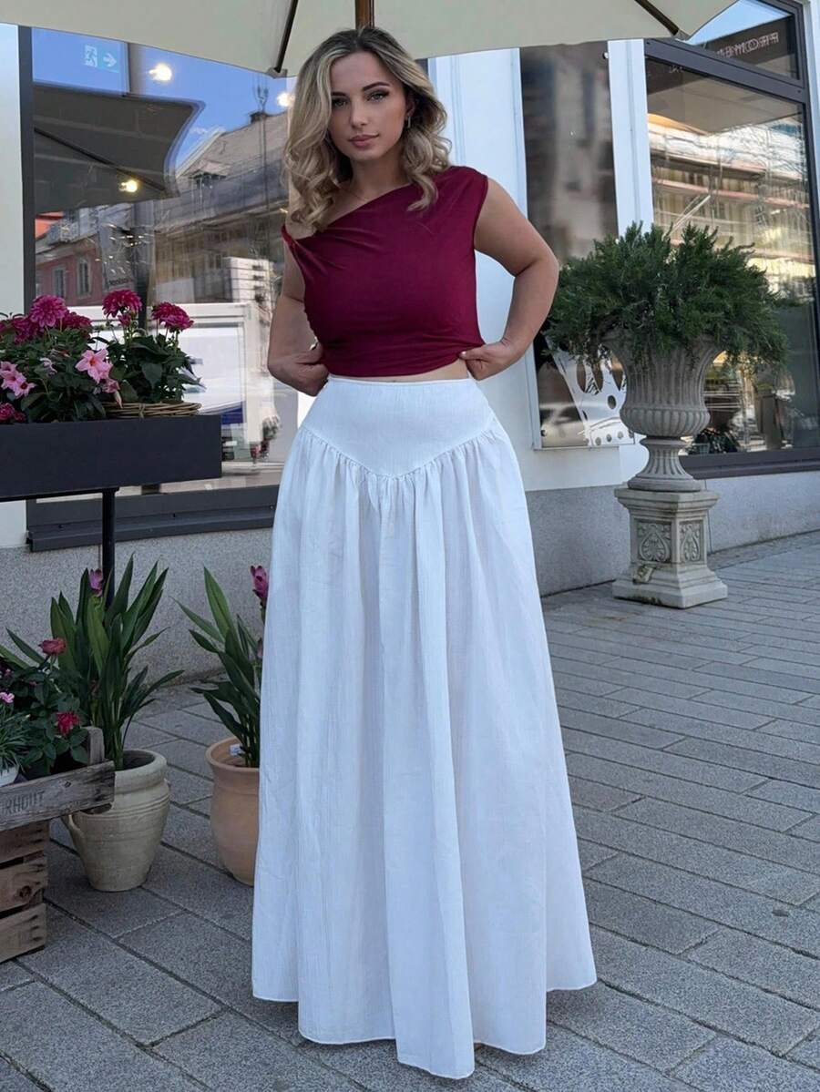 Jeta Ari Women's Ruched High Waist A-Line Elegant Pocketed Skirt - White - View 1
