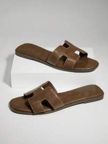 SHUZIA 奢华设计女士优质油面 PU 橄榄色 H 型带拖鞋 - 奢华舒适街头服饰，游艇俱乐部必备 - 橄欖綠 - 查看 1