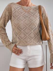EURMUSE Women's Casual Beige Knit Top With Boat Neck And Long Sleeves, Featuring A Stylish Hollow Out Patterned Design For Everyday Wear.,Jumper,Cream Jumper,Jumpers,Black Jumper,Womens Jumper,White Jumper,Women's Jumper,Women's Jumpers,Winter Clothes - Beige - View 4