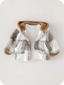 SHEIN Babyjongen Buffalo Plaid-patroon Teddyjas met capuchon zonder trui, voor Kerstmis