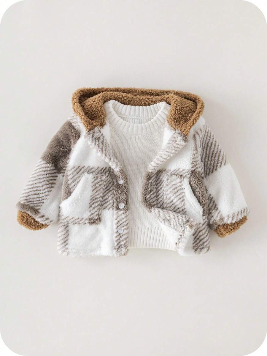 SHEIN Babyjongen Buffalo Plaid-patroon Teddyjas met capuchon zonder trui, voor Kerstmis