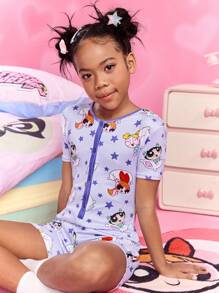 THE POWERPUFF GIRLS X SHEIN Tween Girls Cartoon Blossom, Bubbles, Buttercup & Star Print Purple Sweet Summer Breathable Short Sleeve Romper Snug Fit Pajamas - Multicolor - View 3