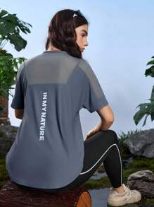 In My Nature Tricou de damă cu imprimeu de litere, guler rotund, lejer, pentru exterior