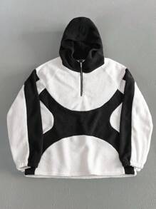 PAVTROS Áo hoodie màu tương phản có khóa kéo nửa tay thường ngày dài tay cho nam - Đen và trắng - Xem 1