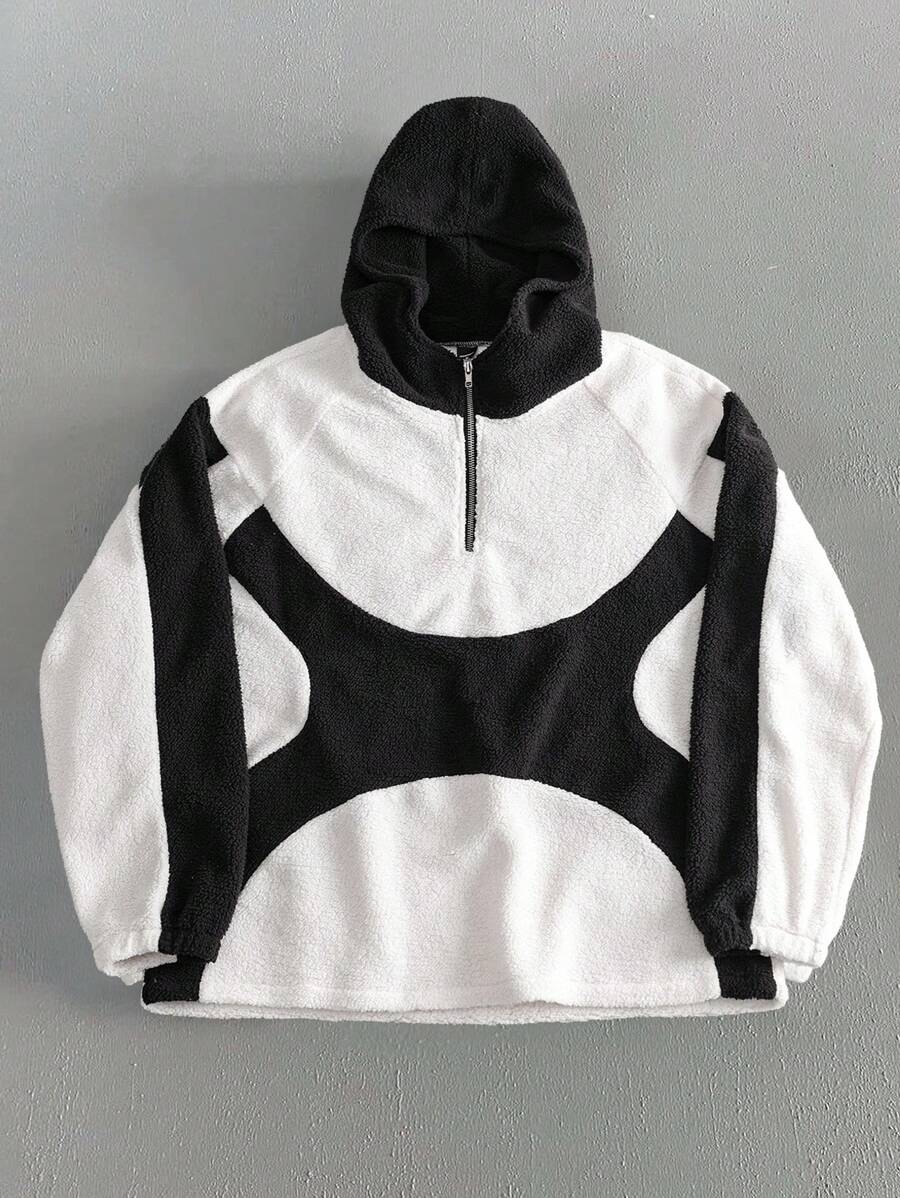 PAVTROS Áo hoodie màu tương phản có khóa kéo nửa tay thường ngày dài tay cho nam - Đen và trắng - Xem 1