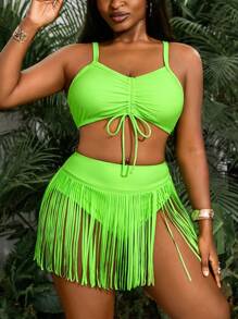 Slaydiva 大码女式度假露背流苏比基尼套装，2 件套 - 綠色 - 查看 4