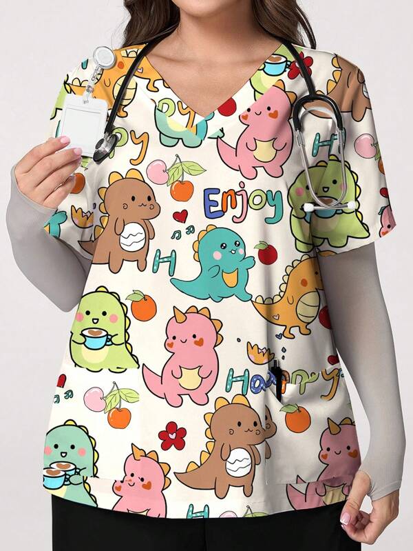 PopScrub Top de uniforme de enfermera/médico con estampado de dinosaurio lindo, cuello en V, manga corta, doble bolsillo y abertura lateral, talla grande; Uniforme de trabajo de mujer de unicolor para peluquería de mascotas; Top de trabajo de verano de manga corta para nutricionista; Ropa de trabajo de laboratorio funcional, de bolsillos múltiples y duradera; Ropa de vacaciones de verano funcional para mujeres, top de verano