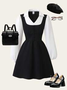 SHEIN Explorewe Girls' Preppy Style Vest 2 In 1 Casual Dress, Sweet & Elegant Waist Cinched Back To School Outfit Fall Winter - Black - View 10