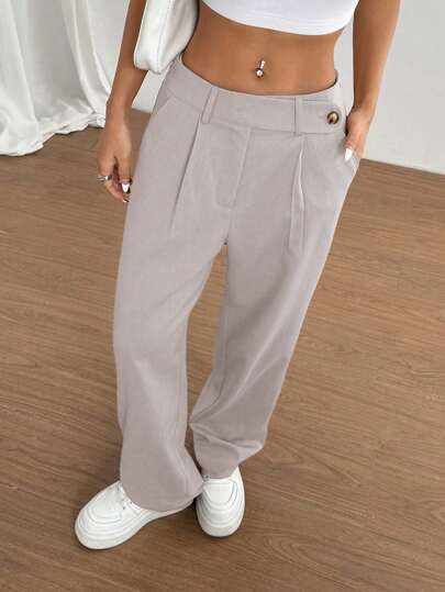 Flirla 1pc Women Khaki Casual, Daily, Commute, Shopping Asymmetrical Waist Pants Fall Cloth For Women