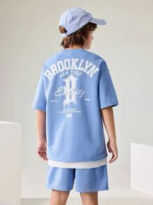 JNSQ Back To School Casual Street Style Printed Boys Outfit Sets, Loose Fit Sweatshirt & Shorts, Japanese Style, Summer Leisure, Urban Youth Design - Baby Blue - View 9