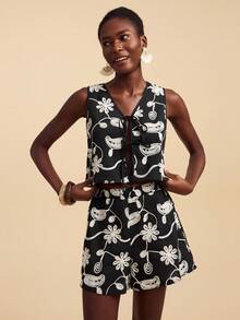 Travachic 2 件套女士节日花卉刺绣吊带背心和短裤，女士秋季服装，波西米亚风格，女士秋季服装，新款秋季时尚女士，女士两件套 - 黑色 - 查看 3