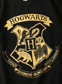HARRY POTTER X SHEIN Tween Boy Four Houses 金色图案黑色休闲运动百搭短袖 T 恤和宽松短裤套装 - 黑色 - 查看 5