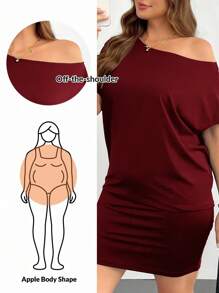 SHEIN Essnce 女士加大码夏季连衣裙。黑色休闲连衣裙，露肩连衣裙，单肩连衣裙，女士夏季连衣裙，休闲连衣裙，露肩连衣裙，黑色迷你连衣裙，外出连衣裙 - 酒紅色 - 查看 1