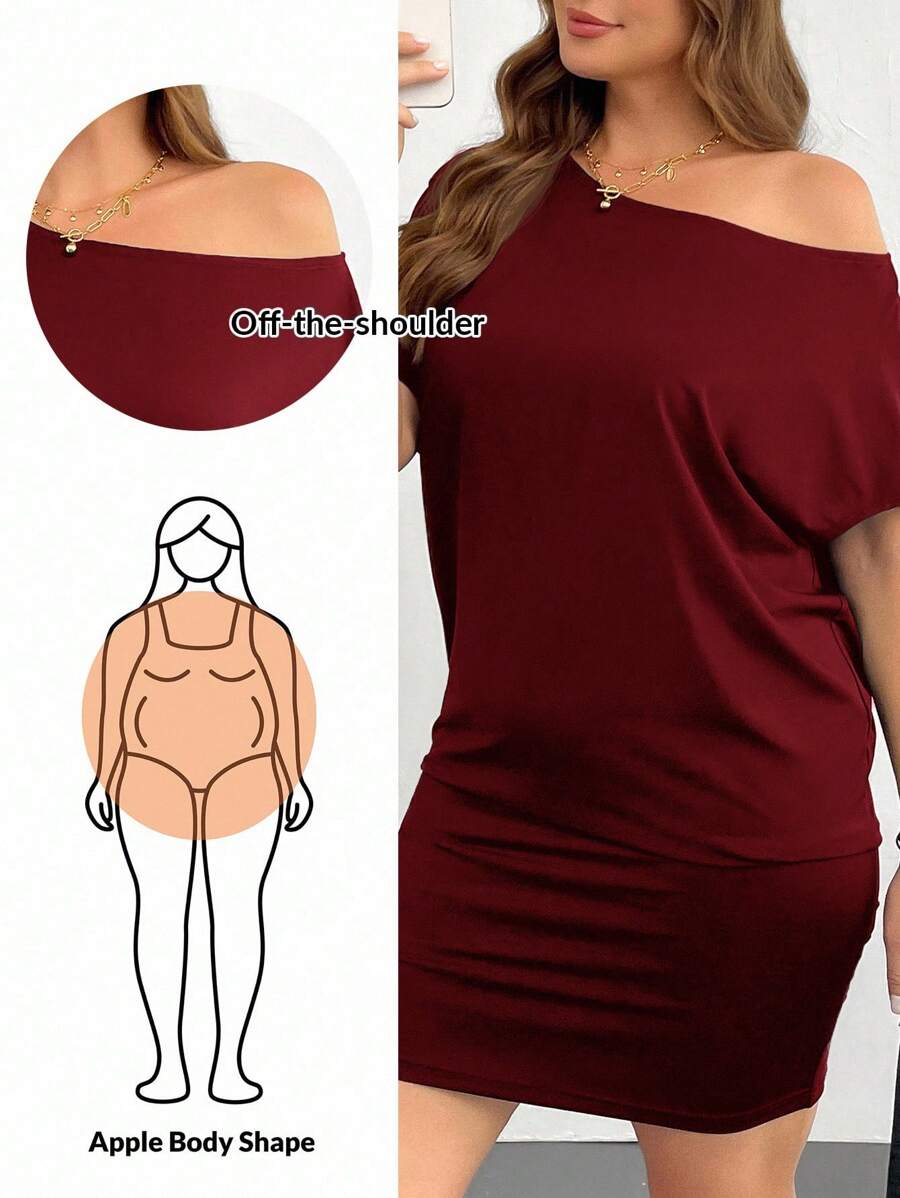 SHEIN Essnce 女士加大码夏季连衣裙。黑色休闲连衣裙，露肩连衣裙，单肩连衣裙，女士夏季连衣裙，休闲连衣裙，露肩连衣裙，黑色迷你连衣裙，外出连衣裙 - 酒紅色 - 查看 1