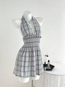 Elamini Women's Casual Simple Elegant Plaid Halter Shirred Tie Waisted Short Dress - Multicolor - View 3