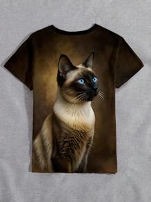 INAWLY Maglietta a maniche corte da donna con scollo tondo e motivo a gatti