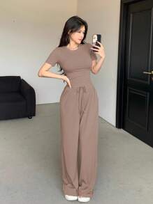 DAZY 2 件套女士夏季休闲纯色修身街头风格短袖上衣和直筒裤套装 - 駝色 - 查看 5