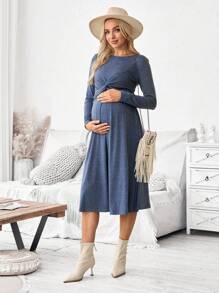 SHEIN Pregnant Women's Casual Solid Color Twist Waist Nursing Dress, Spring/Autumn - Blue - View 4